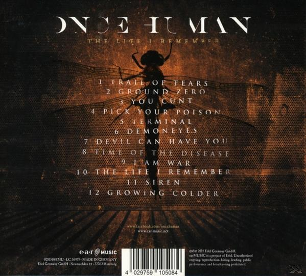 CD-Cover für das Album 'The Life I Remembered' von Once Human. Text und Libellen-Grafik.
