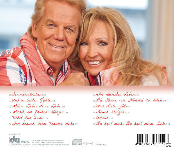 CD-Cover mit lächelndem Paar. Roter Hintergrund mit Text. Die CD hat ein weißes und rotes Design.