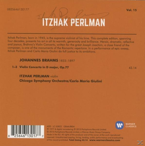 CD-Cover. Itzhak Perlman, Johannes Brahms. Text und Geigenmusik. Blau und Weiß mit einer Unterschrift.