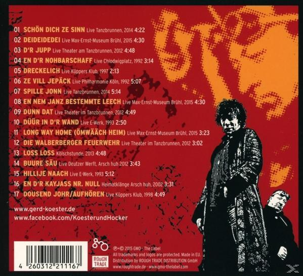 CD-Rückseite mit Titelliste, ein Mann im Mantel und Text in Orange und Schwarz.