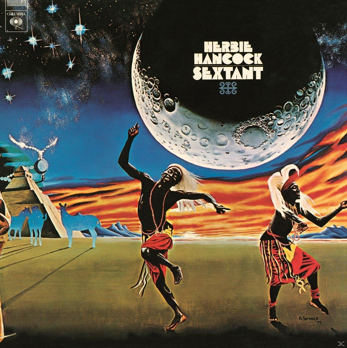 Albumcover: Figuren tanzen unter einem großen Mond. Der Albumname ist Herbie Hancock Sextant.