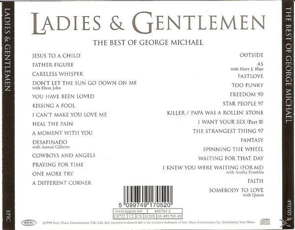 CD-Cover mit einer Titelliste und Text. Das Album ist 'Ladies & Gentlemen' von George Michael.