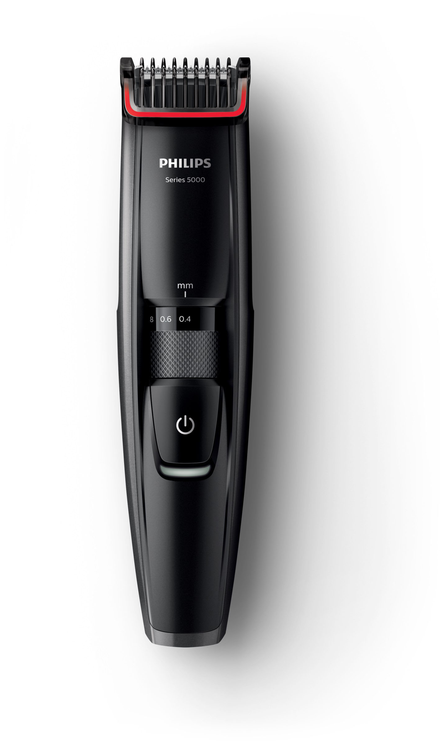 Philips Series 5000 Barttrimmer, schwarz. Der Trimmer hat einen roten Akzent und ein Wahlrad zur Längeneinstellung.