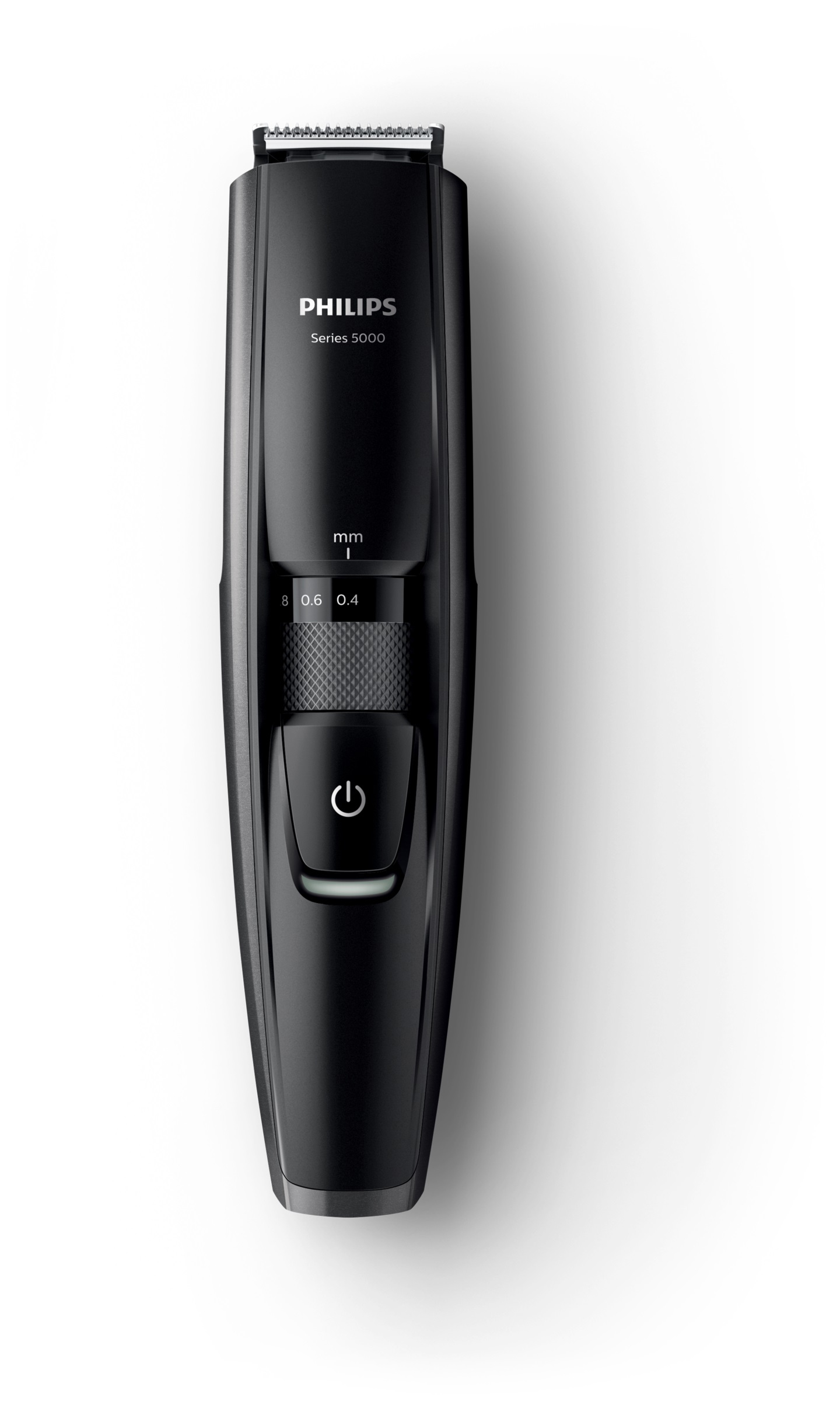 Philips Bartschneider auf weißem Grund. Schwarzes, elegantes Design, mit Einstelldrehknopf und Taste.