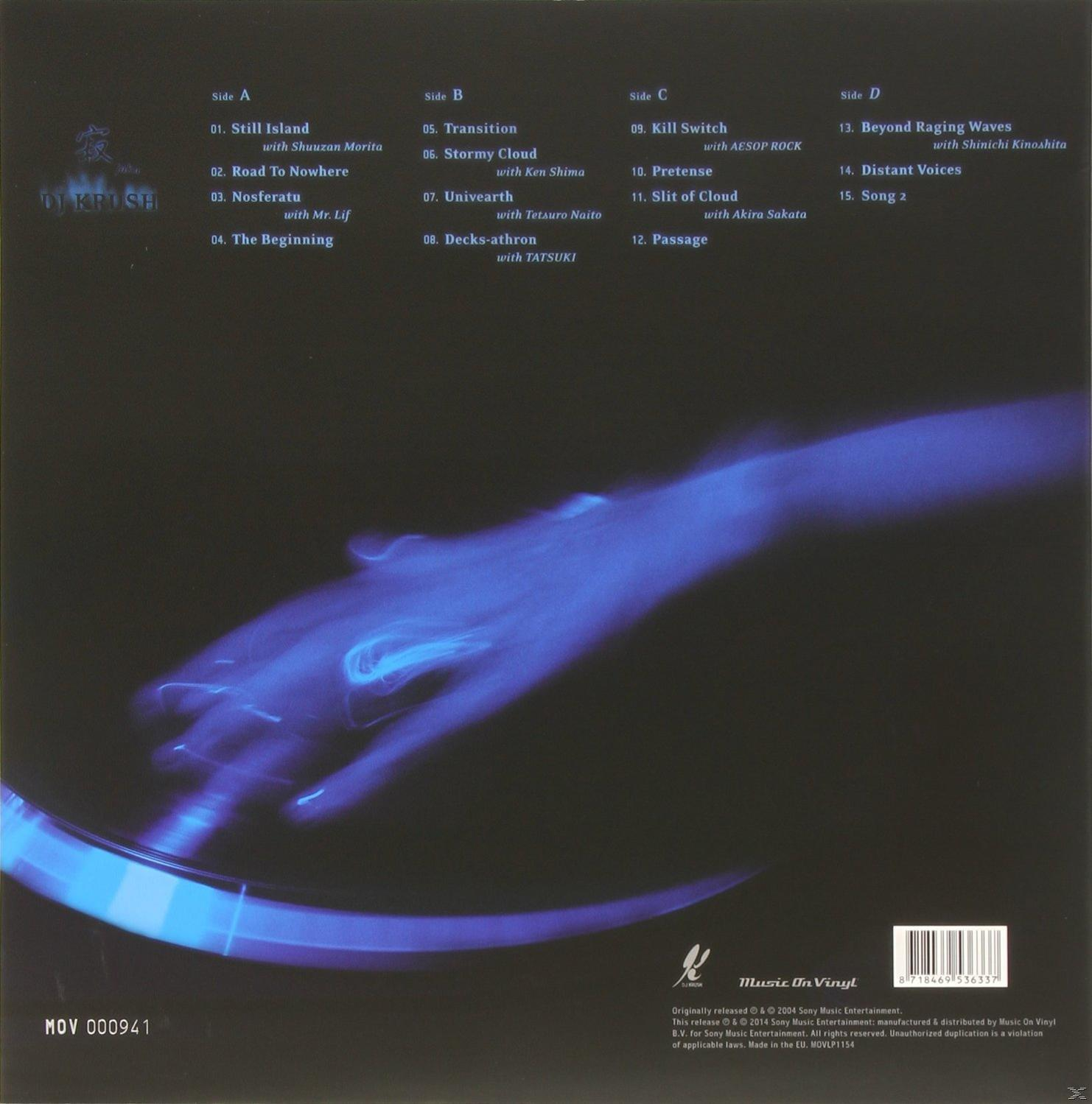 Vinil lemezcímke a számlistával. Kék és fehér design kéz illusztrációval.