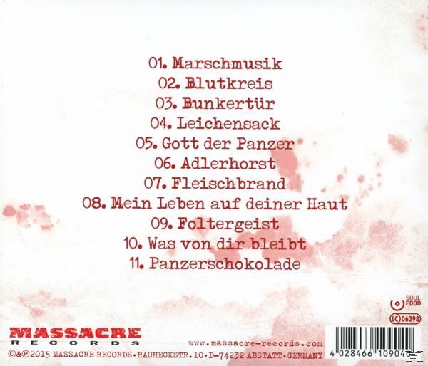 CD-Cover: deutsches Album, rot-weißes Design, Trackliste, Massacre Records Logo, Blutspritzer.