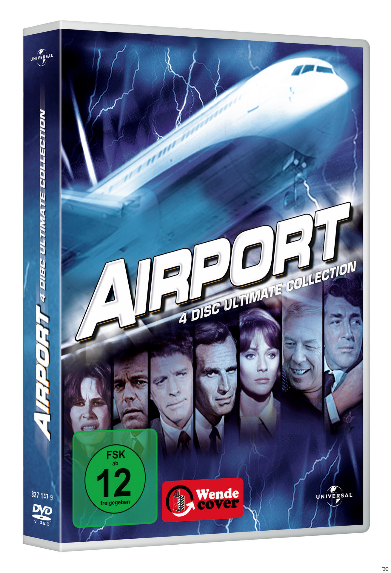 DVD-Cover mit Flugzeug und Schauspielern. Titel 'AIRPORT'. Schauspielerporträts. Blauer und weißer Hintergrund.