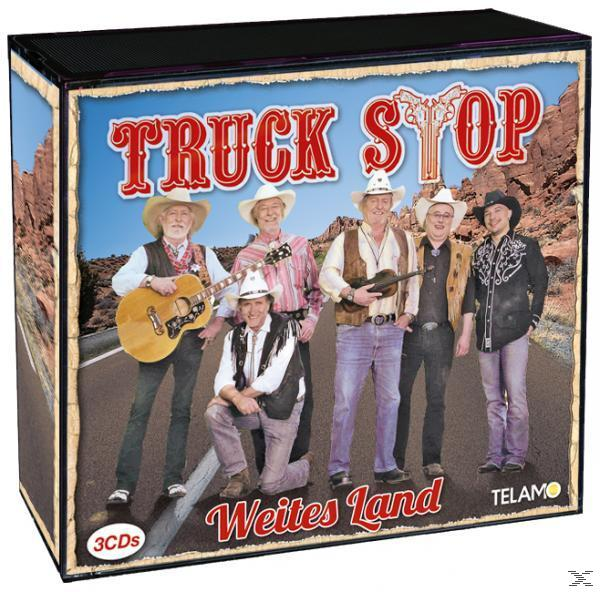 CD-Boxset: Truck Stop. Sechs Männer mit Cowboyhüten. Text: Weites Land. Telamo-Logo.