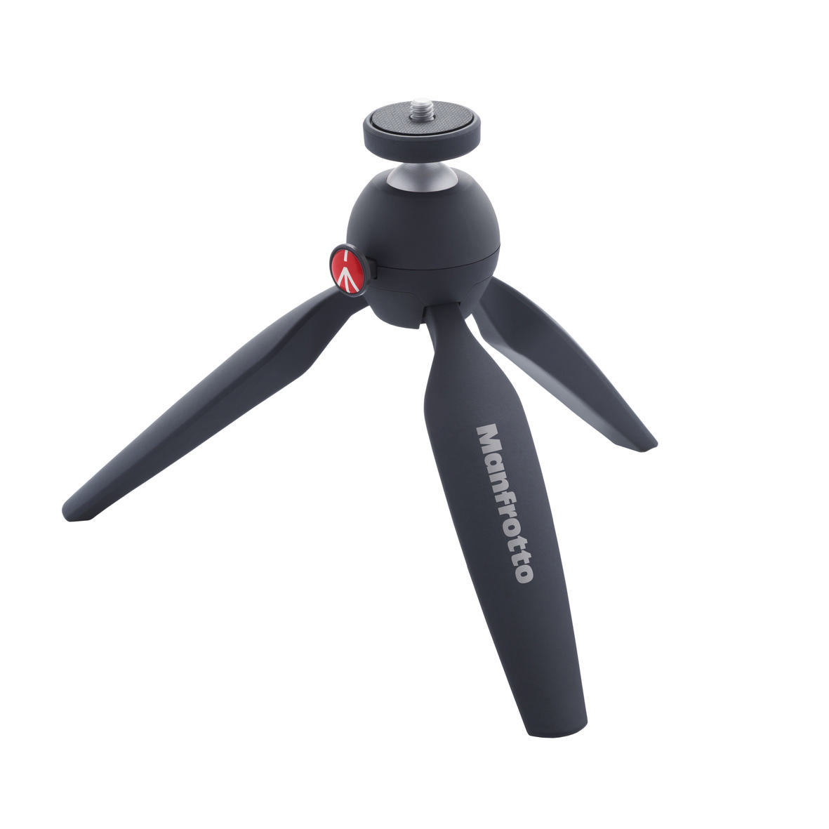 Beyaz bir arka plan üzerinde üç ayaklı ve küre başlı küçük siyah bir tripod.