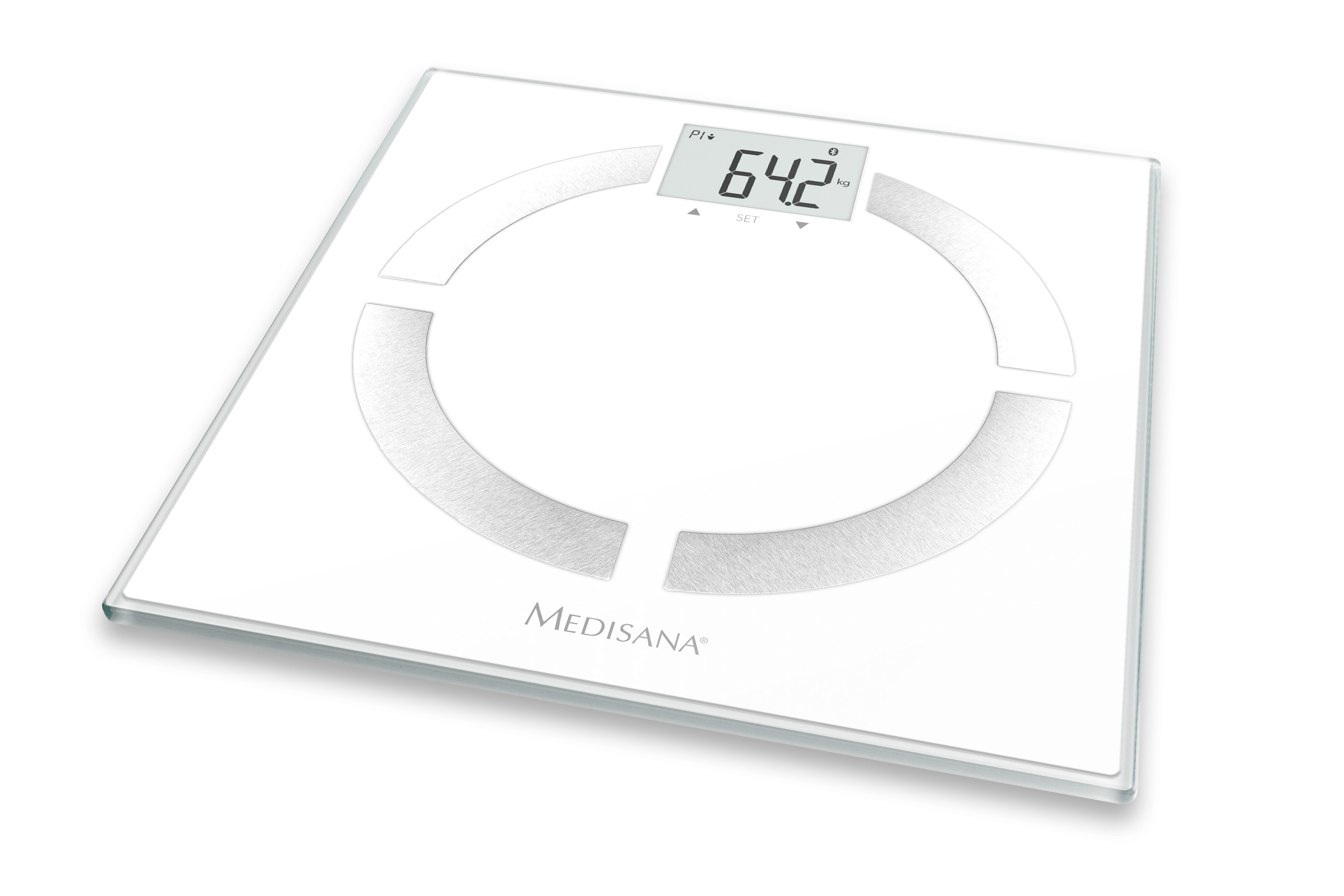 Weiße Digitalwaage. Zeigt 64,2 an. Runde Formen. Marke Medisana.