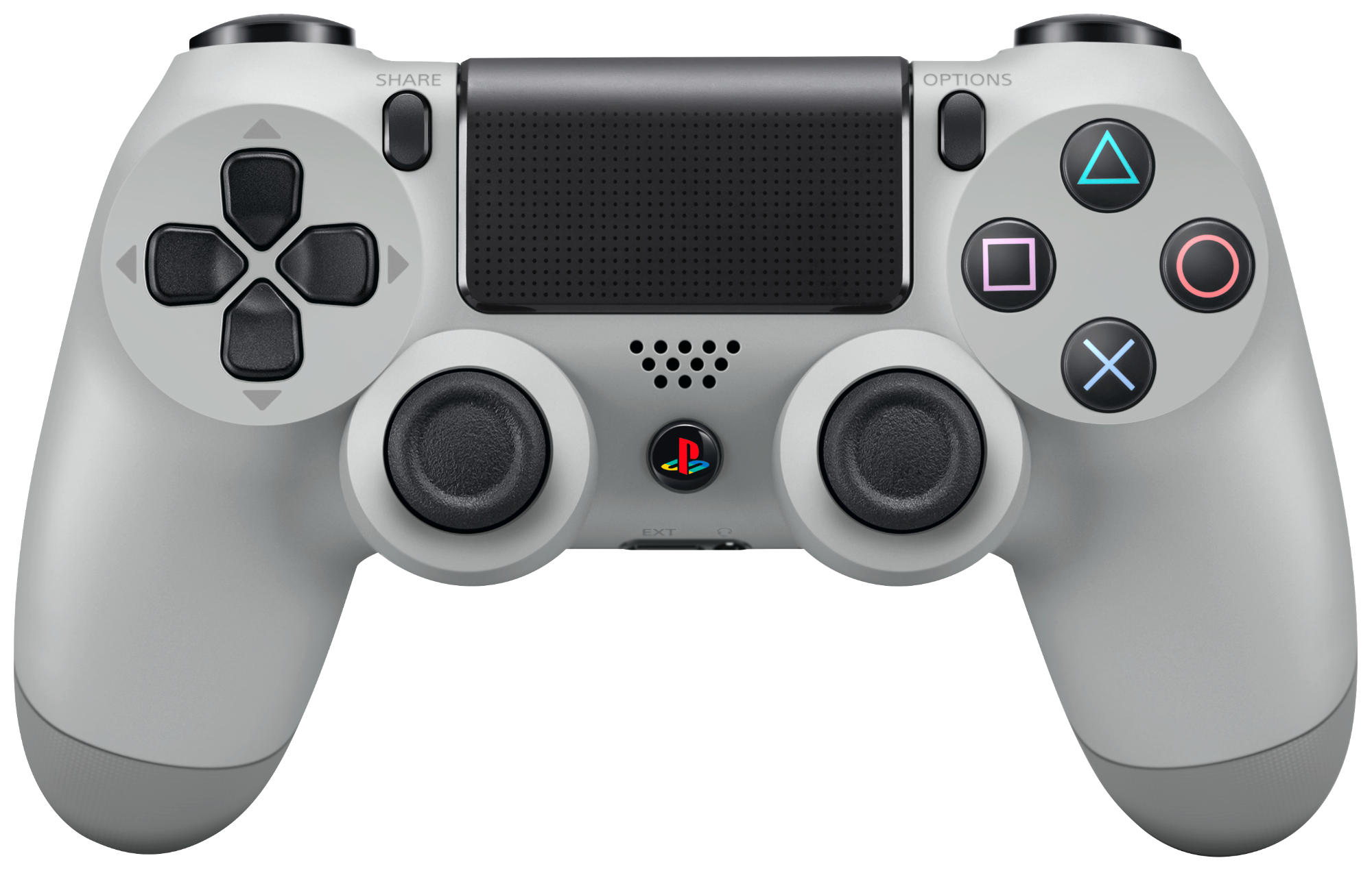 Grauer Playstation 4 Controller mit verschiedenen farbigen Knöpfen und Richtungspad. Schwarzes Touchpad in der Mitte.