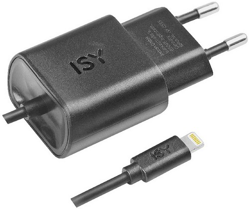 Czarna ładowarka ISY z kablem Lightning. Ładowarka ma dwa bolce do gniazdka.