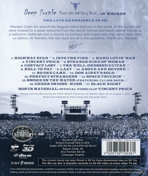 DVD-Cover: ein Live-Konzert mit Bühne und Publikum. Text: Deep Purple From The Setting Sun… In Wacken.