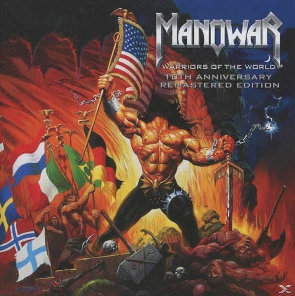 Manowar Albumcover: muskulöser Mann mit amerikanischer Flagge, Schwert haltend, umgeben von Kriegern und Flaggen.