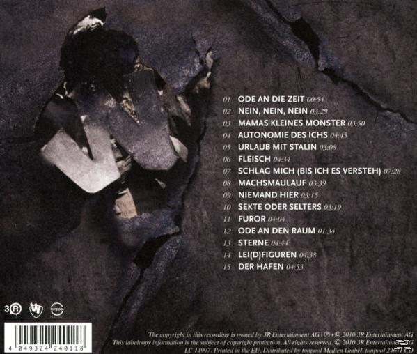 Rückseite einer CD-Hülle mit Songtiteln. Der Hintergrund ist eine strukturierte, dunkle und gräuliche Oberfläche.