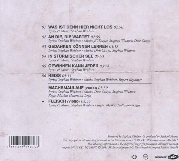 CD-Rückseite mit Trackliste, Texten und Credits. Schwarz-Weiß-Druck auf weißem Hintergrund.