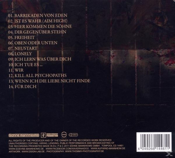 Albumrückseite mit Songtiteln und Künstlerinformationen auf dunklem Hintergrund, mit Barcode und Logos.
