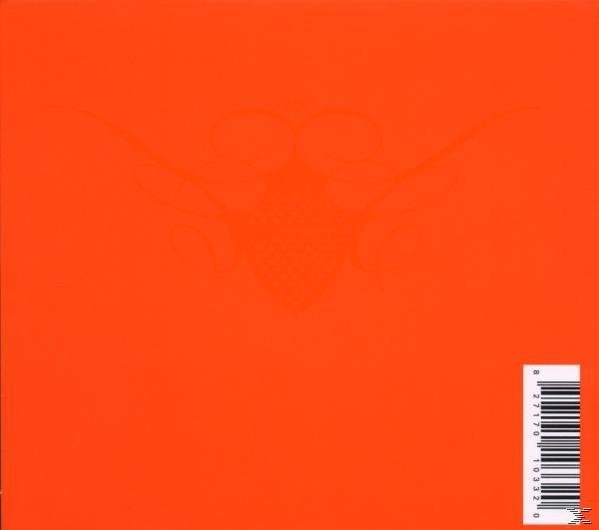 Ein leuchtend orangefarbenes Quadrat mit einer weißen, insektenartigen Form in der Mitte. Ein Barcode ist sichtbar.