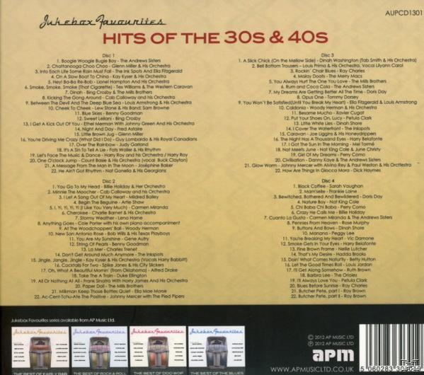 CD-Cover mit einer Titelliste. Das Cover ist rot und trägt den Text Hits of the 30s & 40s.