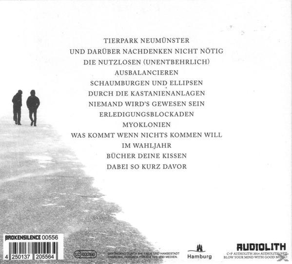 Zwei Silhouetten gehen auf einem Feld. Text auf Deutsch.