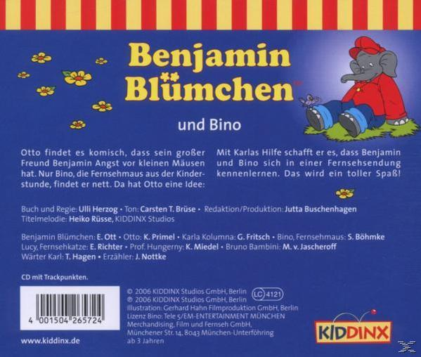 Benjamin Blümchen und Bino auf einem CD-Cover. Ein Elefant und eine Zeichentrickfigur im Hintergrund.