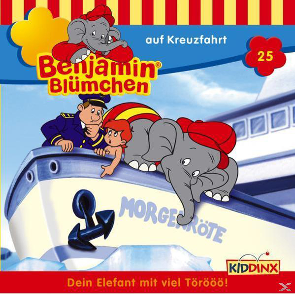 Cover eines Benjamin Blümchen Buches mit einem Elefanten, einem Jungen und einem Schiff darauf.