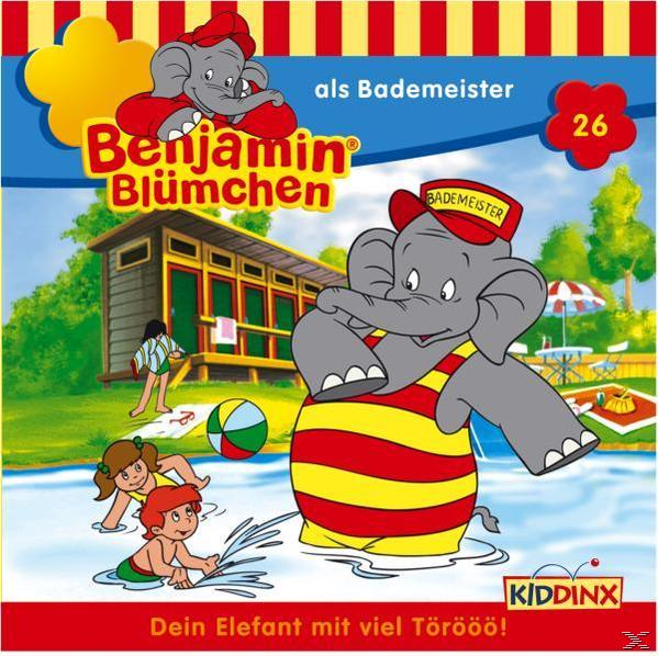 Benjamin Blümchen Cover, Elefant in Badekleidung, Kinder spielen im Wasser.