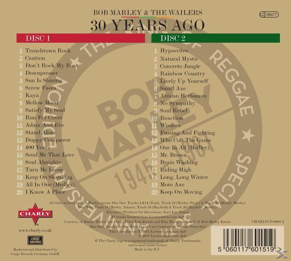 Rückseite eines Albums mit Titellisten und Bob Marley-Bild. Verschiedene Text- und Designelemente sind vorhanden.