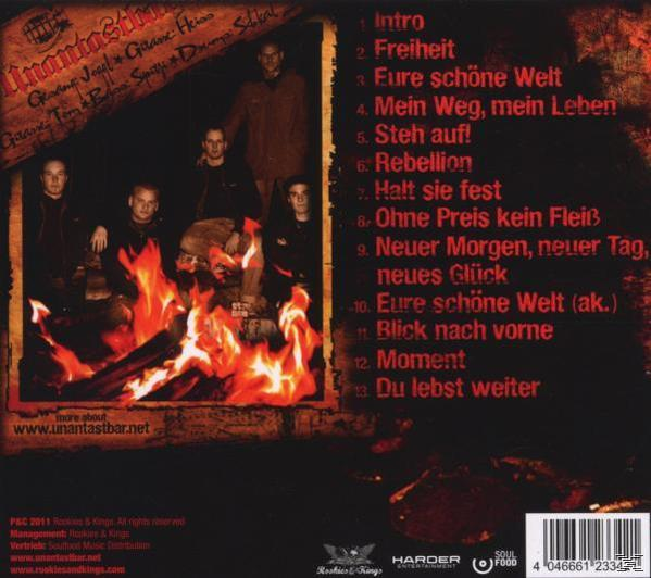 Albumrückseite mit Bandmitgliedern um ein Lagerfeuer und Songliste.