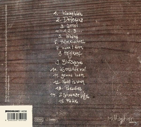 CD-Cover mit Holzstruktur und handschriftlichen Songtiteln. Der Titel befindet sich unten links und ist weiß.