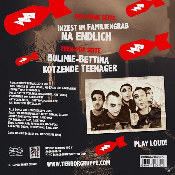 Albumcover mit Bomben und einer Gruppe von Personen. Text enthält Bandnamen und Songtitel.