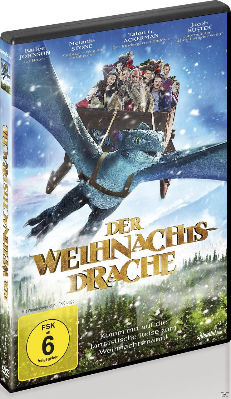 Filmcover mit einem Drachen, der über einen verschneiten Wald fliegt. Text auf Deutsch.