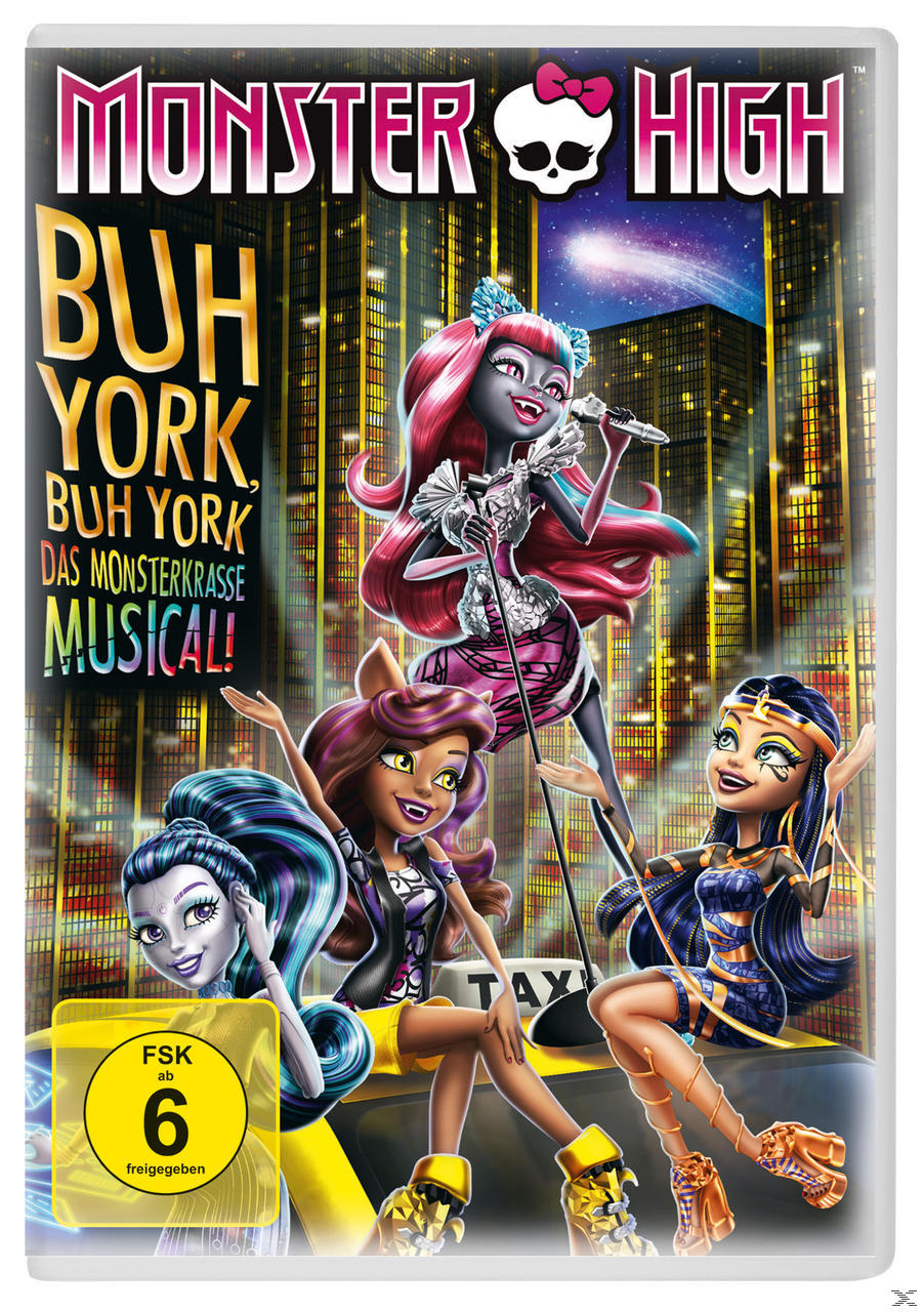 DVD-Cover von Monster High. Vier Zeichentrickfiguren stehen vor einer Skyline. Text: 'BUH YORK'.
