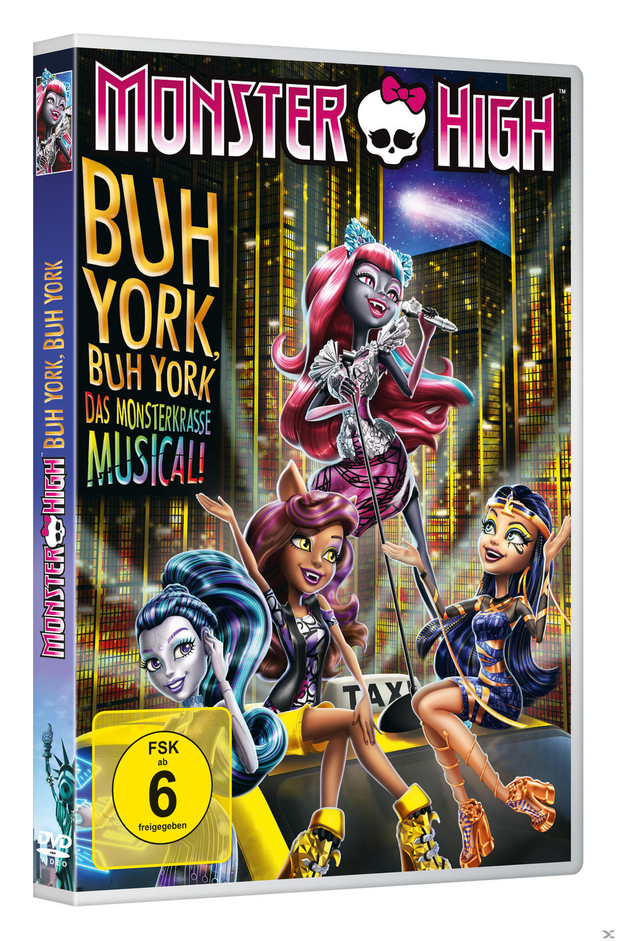 Monster High DVD-Cover mit Zeichentrickfiguren in städtischer Umgebung. Gelbes und schwarzes Taxi.