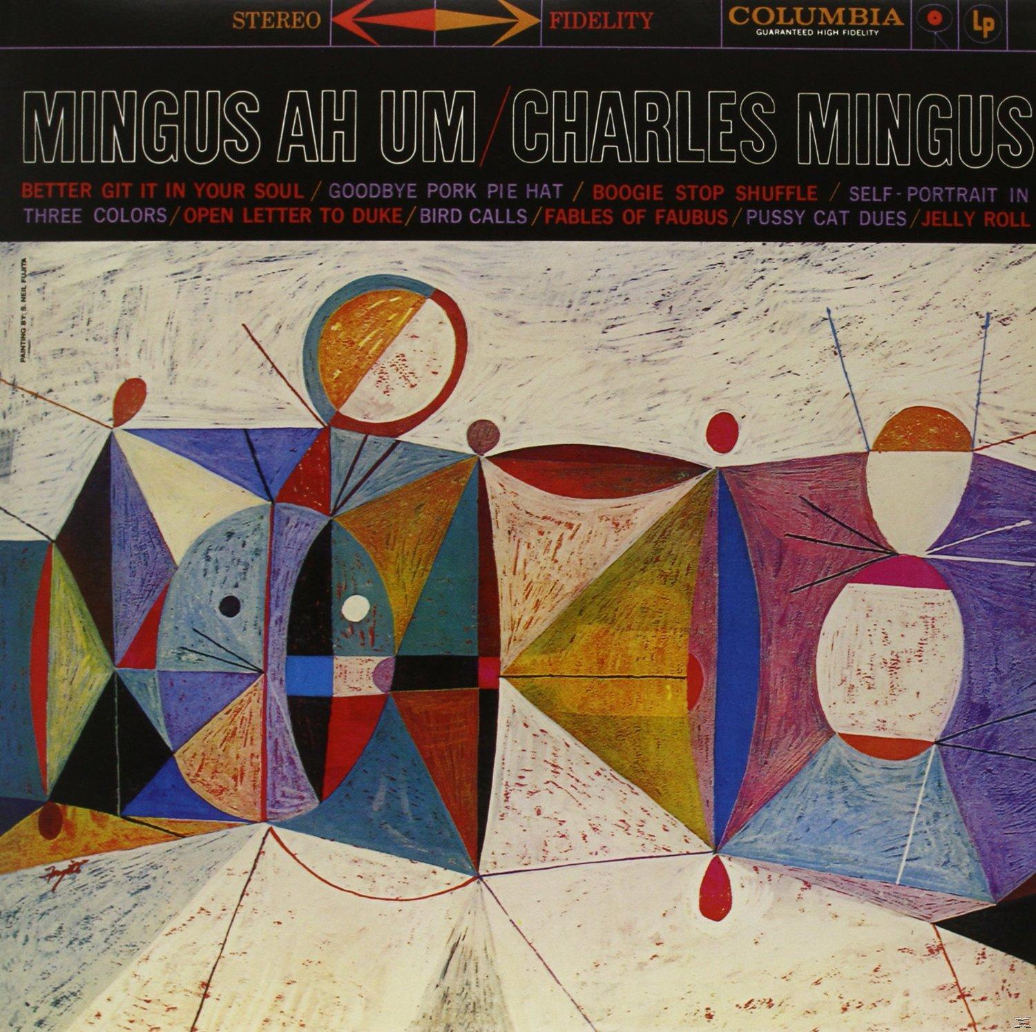 Absztrakt album borító színes geometriai formákkal és a 'Mingus Ah Um' szöveggel.