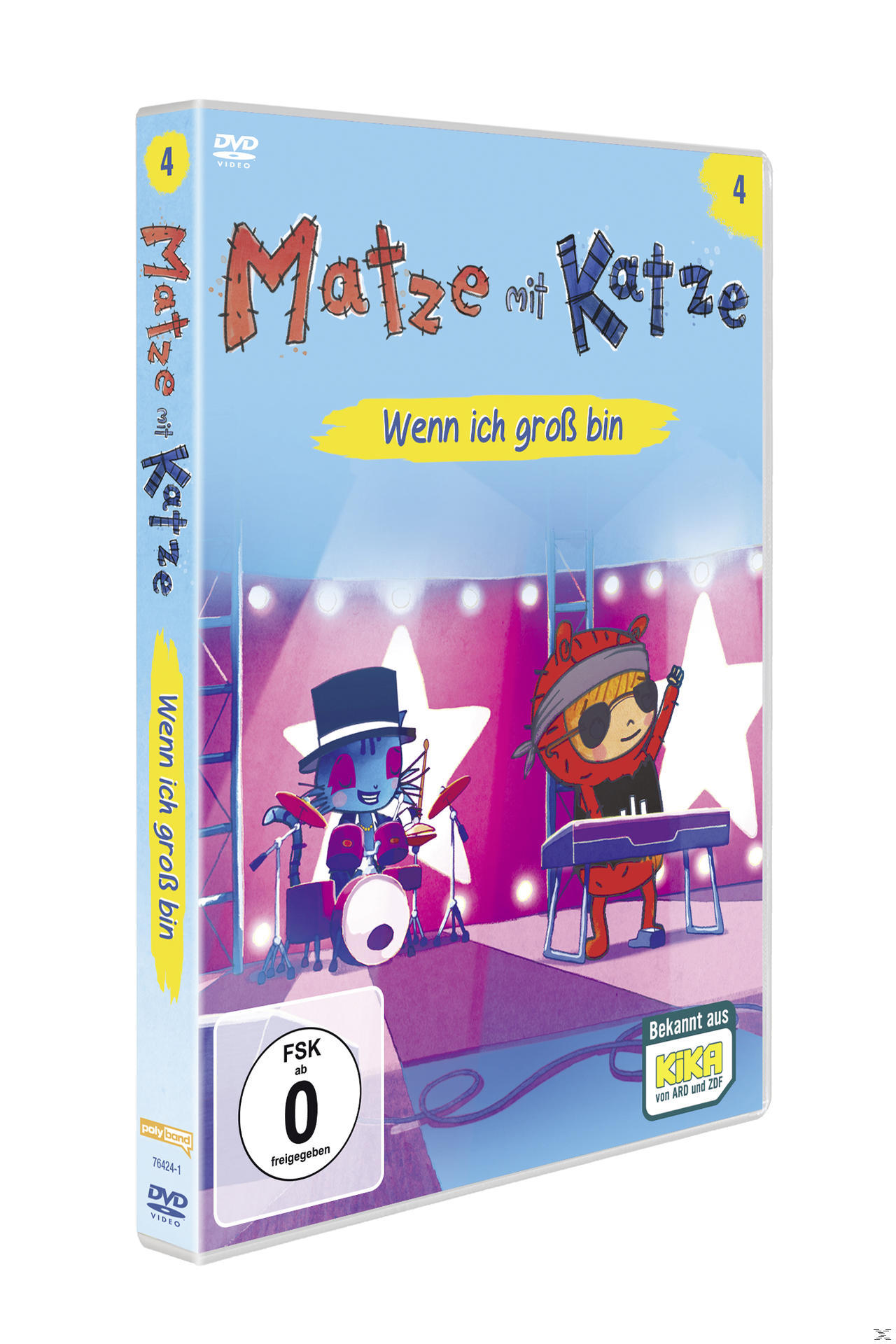 DVD-Cover: Cartoon-Band auf der Bühne, Titel 'Matze mit Katze', deutscher Text. Bühne mit lila Licht.