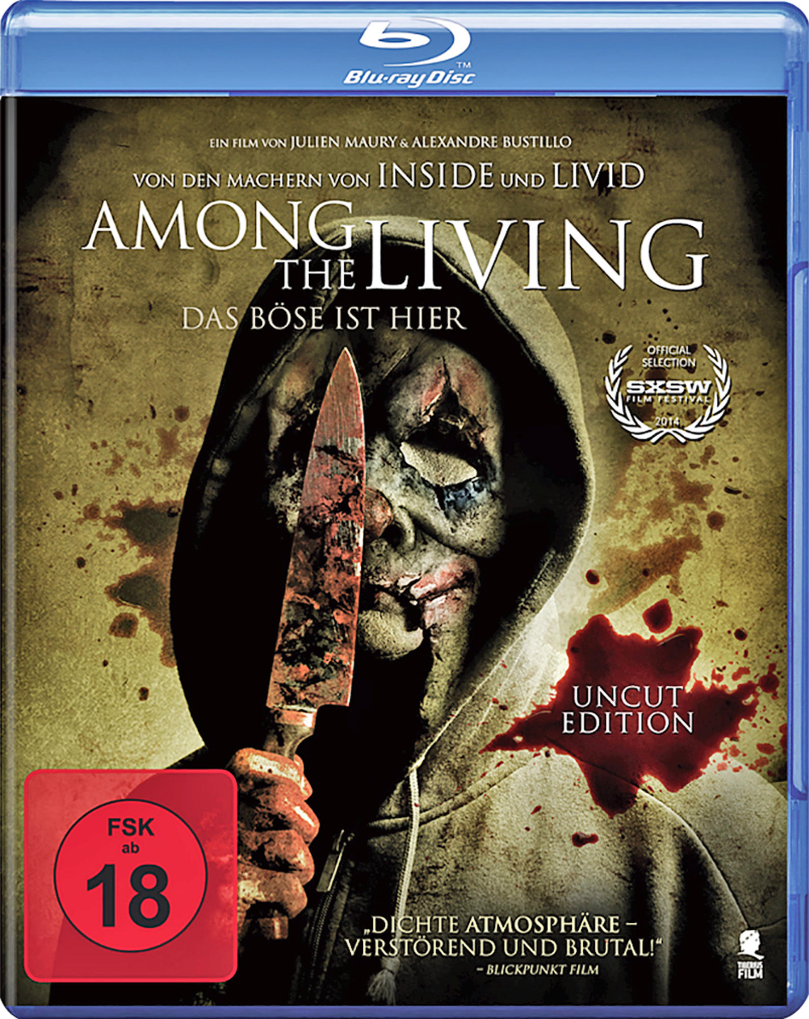 DVD-Hülle: Ein Mann mit blutigem Messer und einem gruseligen Gesicht. Der Titel ist "Among The Living"