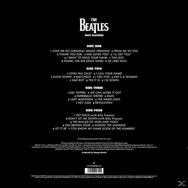 Album-Rückseite mit Songtiteln und Text. Schwarzer Hintergrund mit weißem Text.