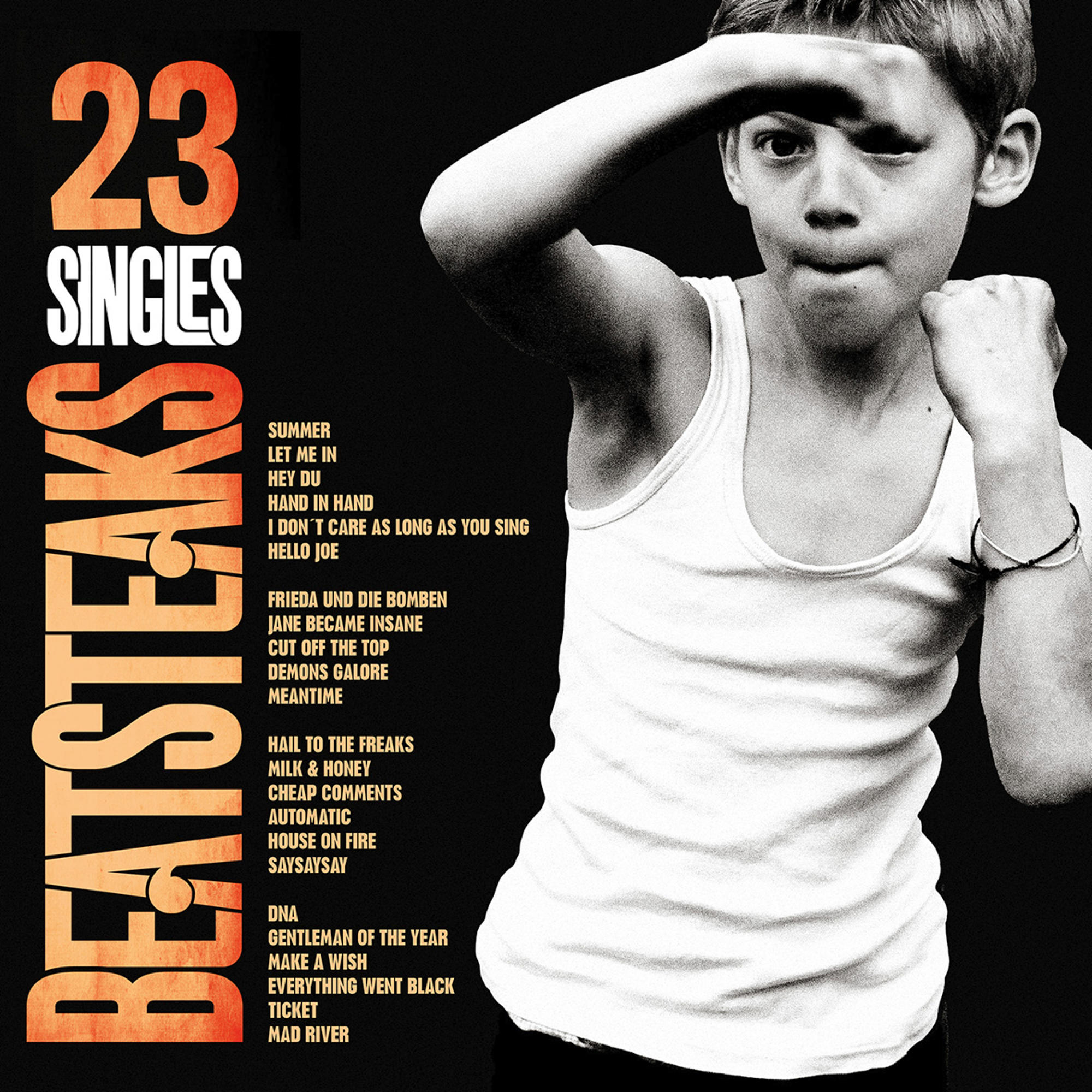 Albumcover mit einem jungen Jungen, der die Fäuste ballt. Auf der linken Seite steht '23 Singles'.