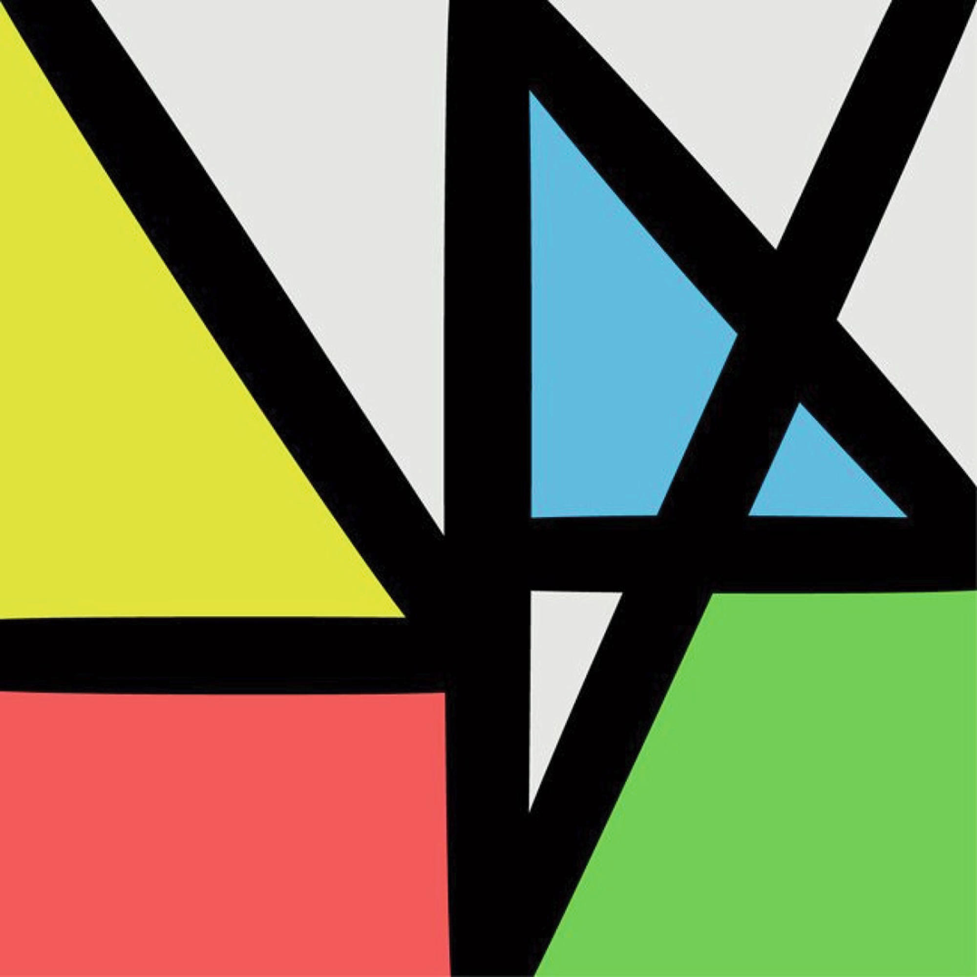 Abstraktes geometrisches Design mit schwarzen Linien und bunten Formen, Gelb, Rot, Blau und Grün.