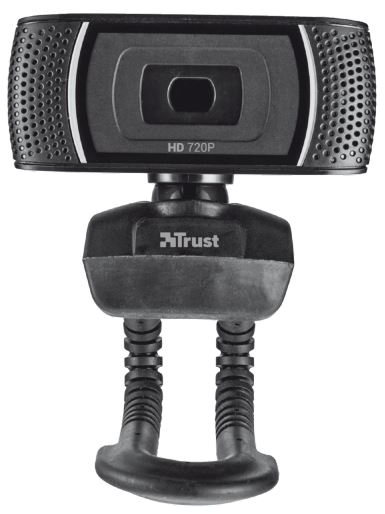 Webcam noire avec le logo Trust. La webcam a une résolution HD de 720p.