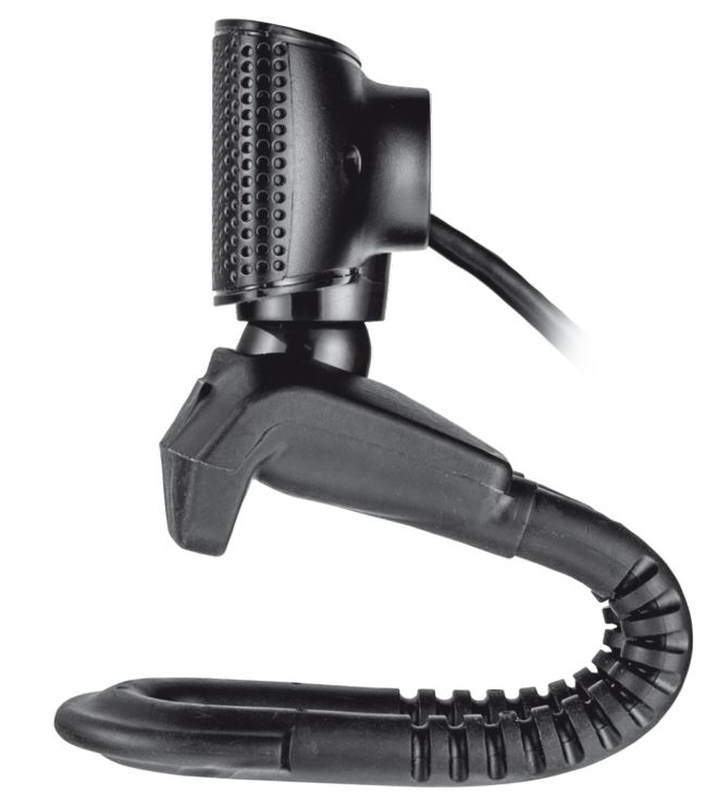 Une webcam noire avec un col flexible et une base, isolée sur fond blanc.