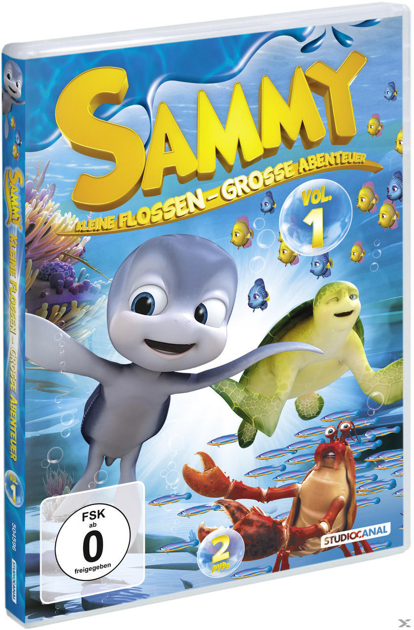 DVD-Cover für "Sammy: Kleine Flossen - Große Abenteuer" mit einer Schildkröte und animierten Figuren.