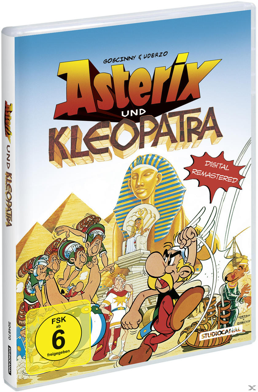 DVD-Cover: Asterix und Kleopatra Zeichentrickfiguren, Pyramiden und Hieroglyphen.