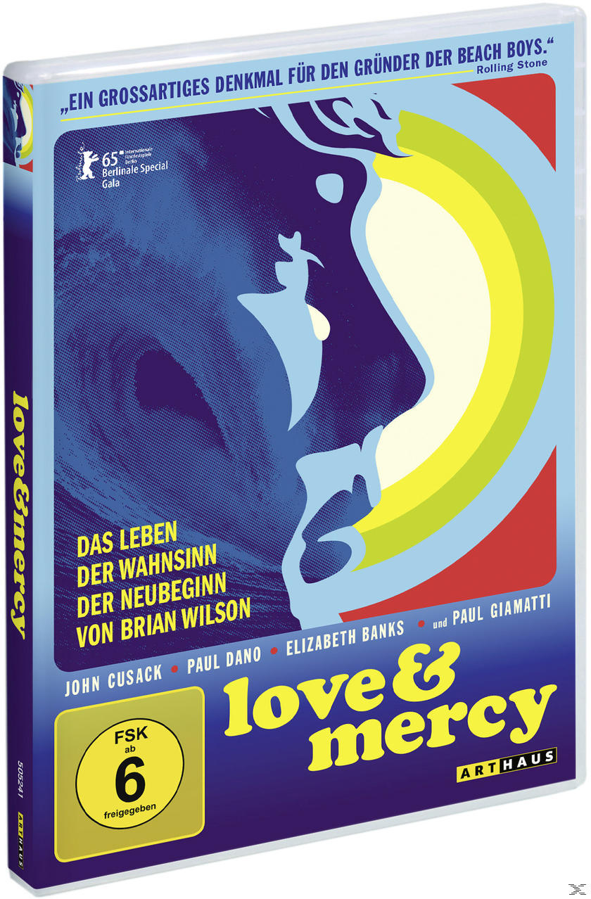 DVD-Cover: Film Love & Mercy. Blaues Gesicht, Regenbogen und Filmtitel.
