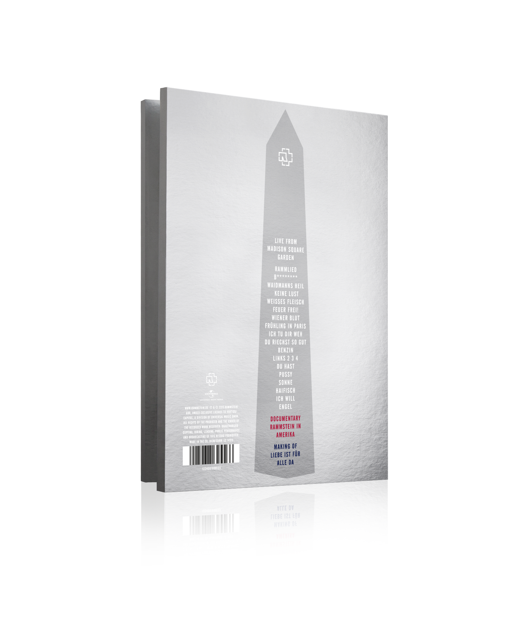 Rückseite eines Buches mit Text und einem silbernen Obelisken.