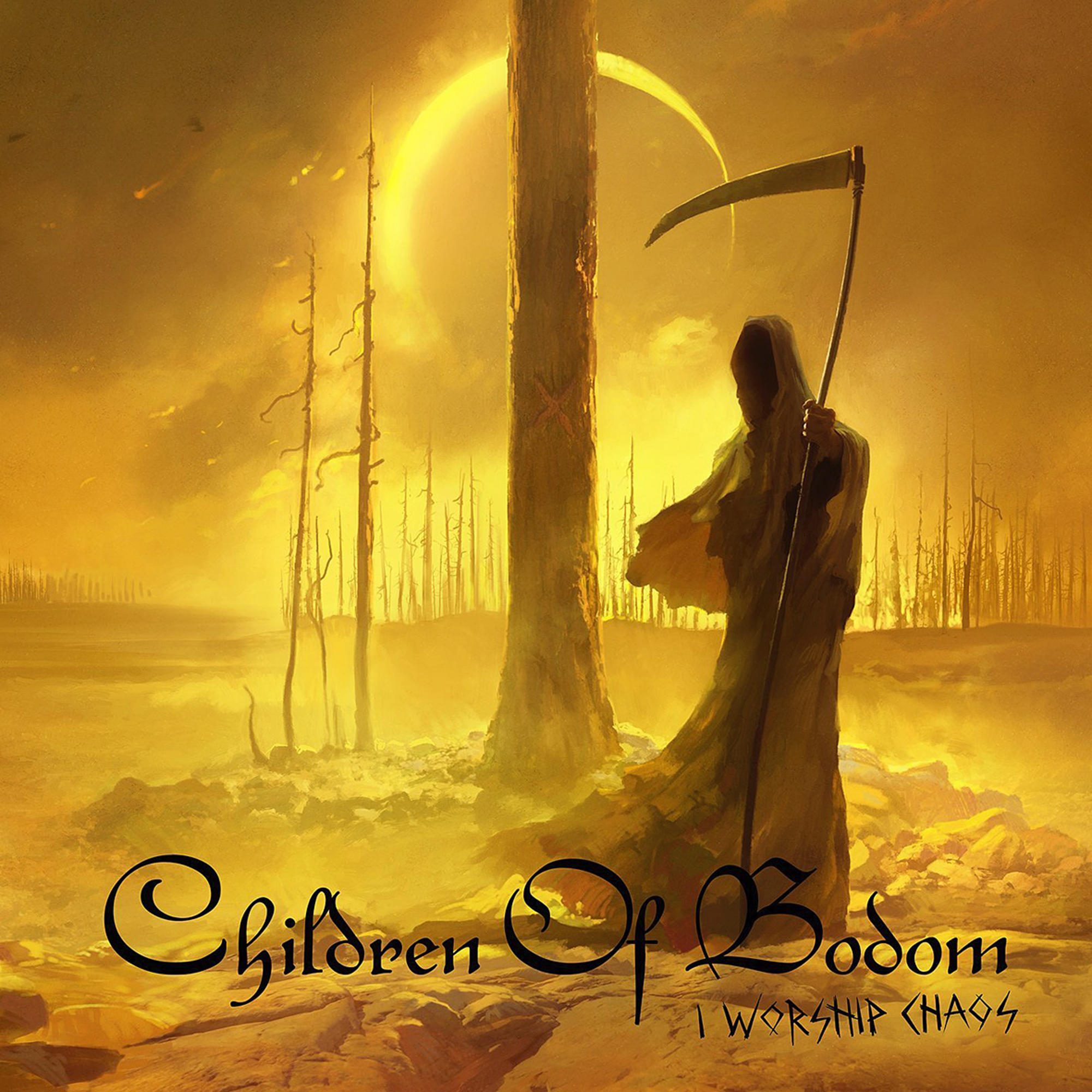 Albumcover mit Sensenmannfigur, mit Children of Bodom davor.