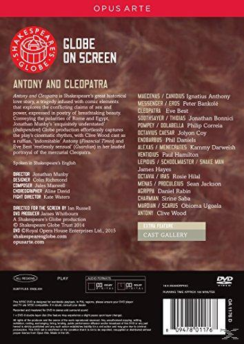 DVD-Cover für Antonius und Kleopatra, mit Text und Besetzungsliste, mit einem Schwarz-Weiß-Hintergrund.