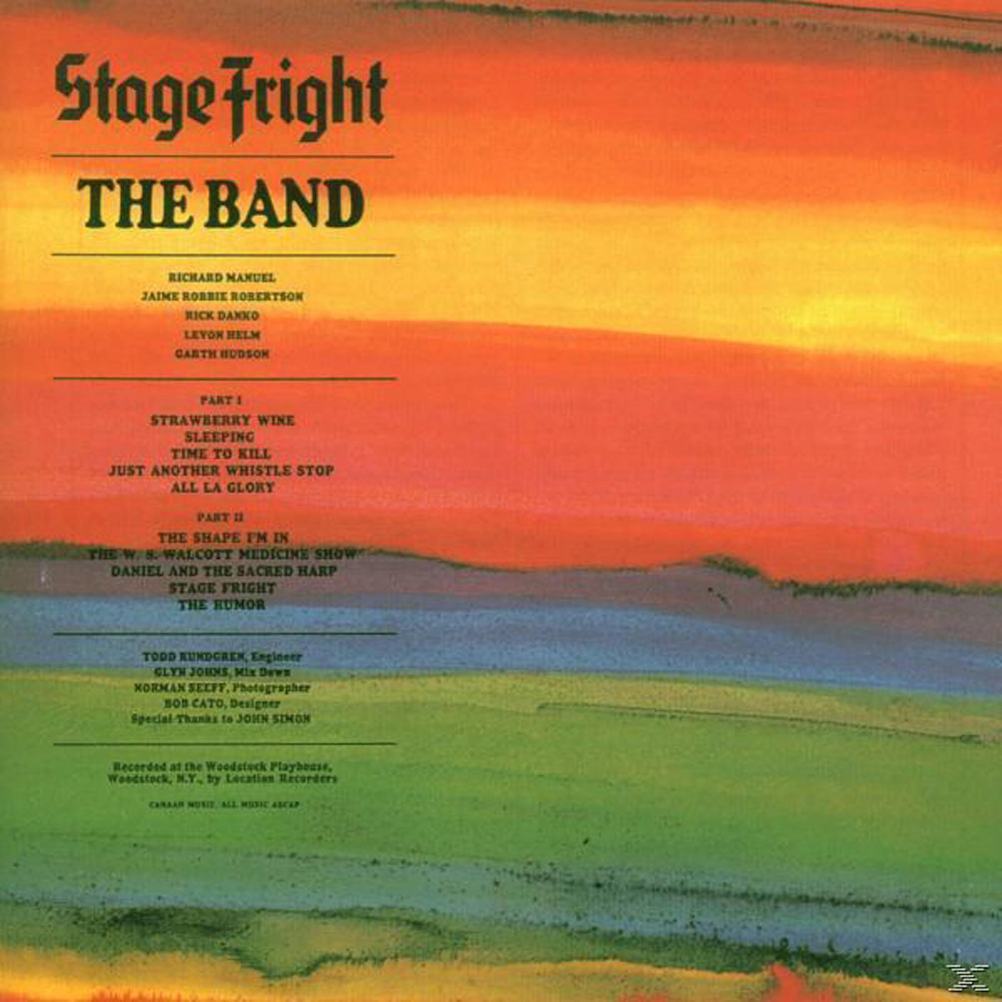 Albumcover mit Text 'Stage Fright' und 'The Band'. Oranger und gelber Hintergrund mit Songtiteln.