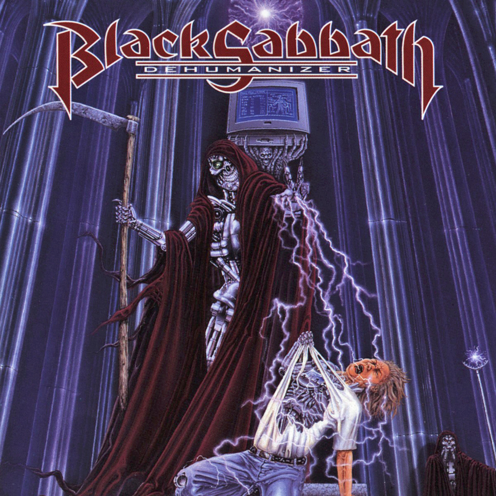 Albumcover für Black Sabbaths 'Dehumanizer', mit Skelettfigur und Blitzen.